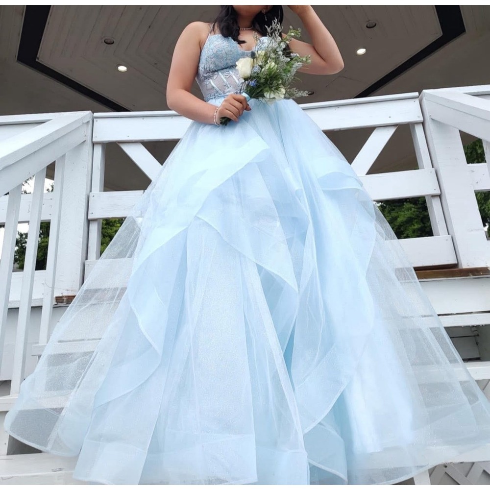 Light Blue Princess Prom Dress Size 6 Embroidered Formal Ball Gown Corset Back - Picture 5 of 9